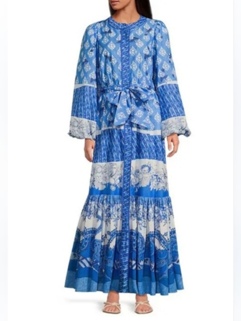 NWT A Loves A Border Print Mandarin Collar Long Balloon Sleeve A-Line Maxi Dress